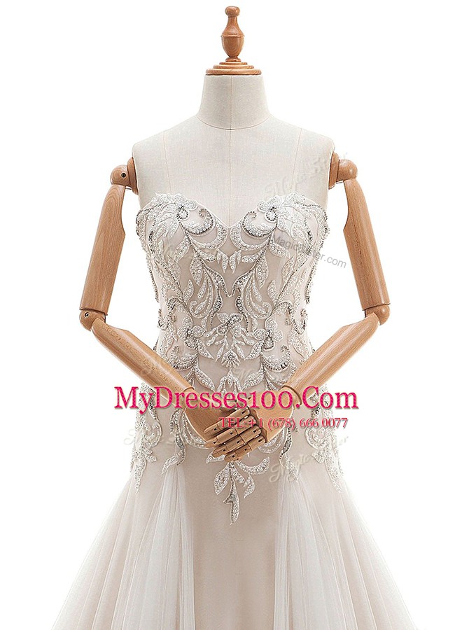 Best Selling Beading Bridal Gown White Lace Up Sleeveless With Brush Train