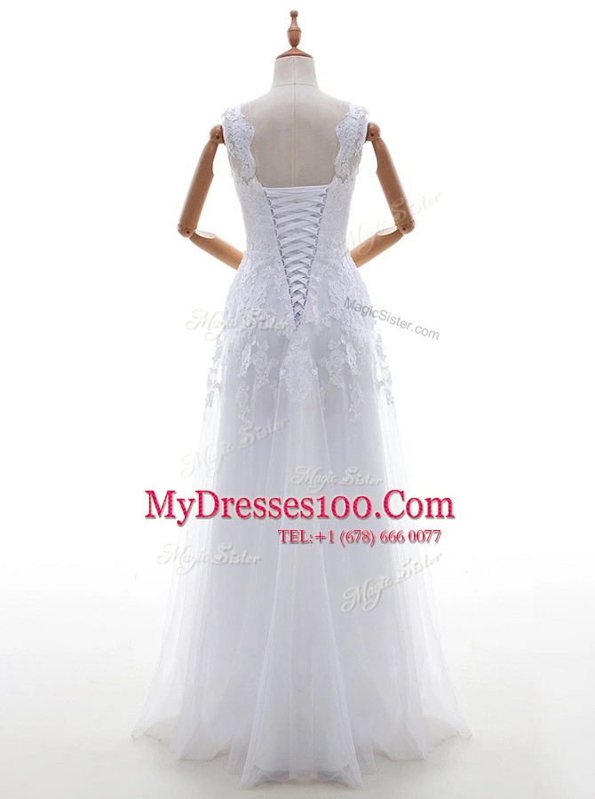 Glamorous White Wedding Gowns Wedding Party and For with Lace and Appliques Scoop Sleeveless Brush Train Lace Up