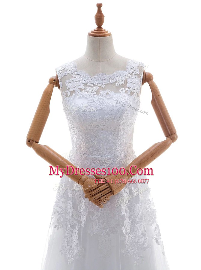 Glamorous White Wedding Gowns Wedding Party and For with Lace and Appliques Scoop Sleeveless Brush Train Lace Up