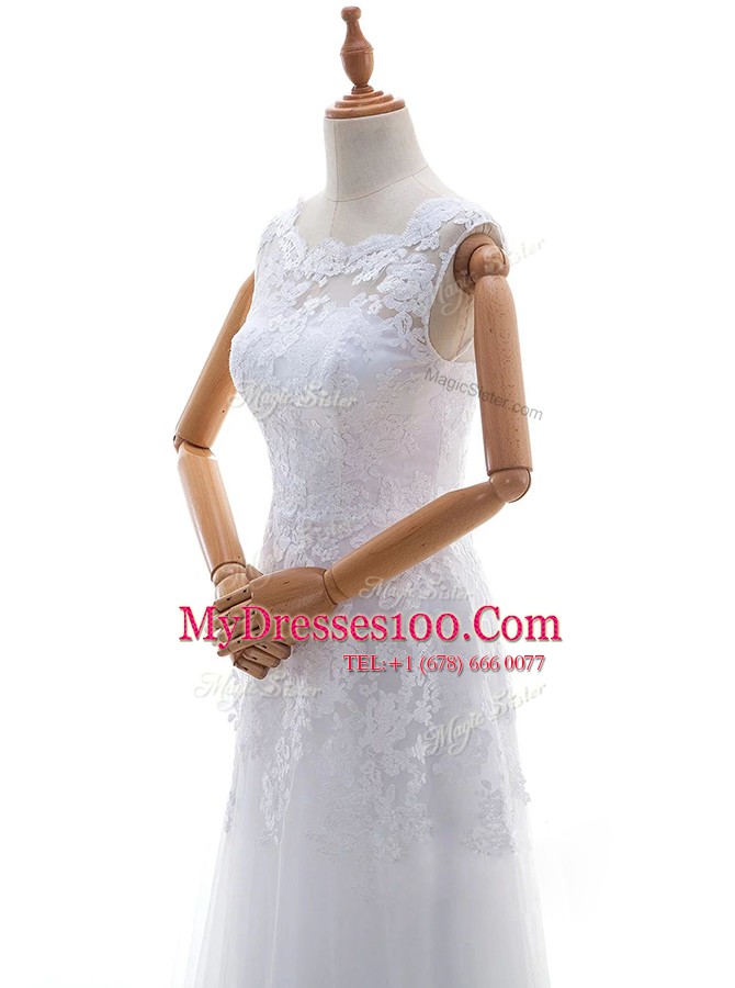Glamorous White Wedding Gowns Wedding Party and For with Lace and Appliques Scoop Sleeveless Brush Train Lace Up