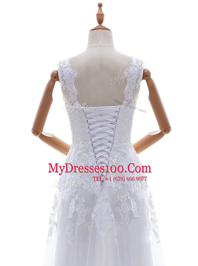 Glamorous White Wedding Gowns Wedding Party and For with Lace and Appliques Scoop Sleeveless Brush Train Lace Up
