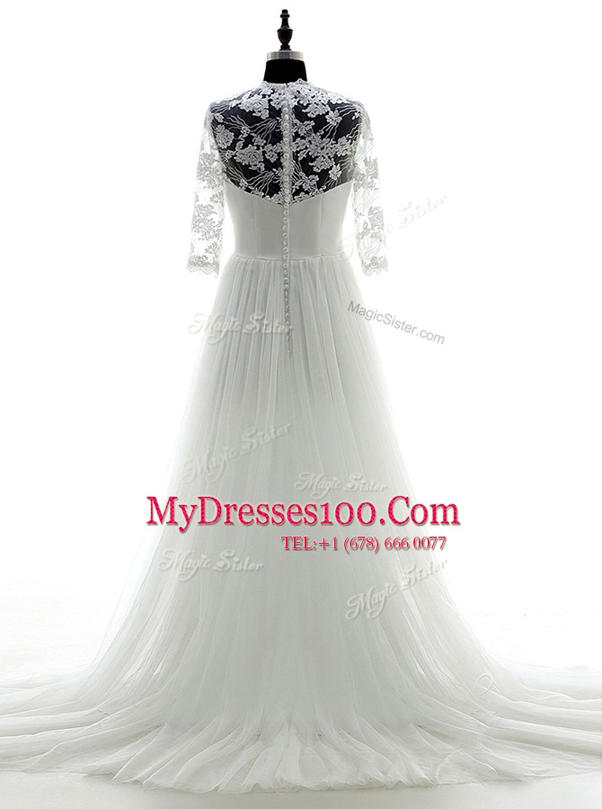Shining Sweetheart 3 4 Length Sleeve Brush Train Zipper Wedding Gowns White Tulle