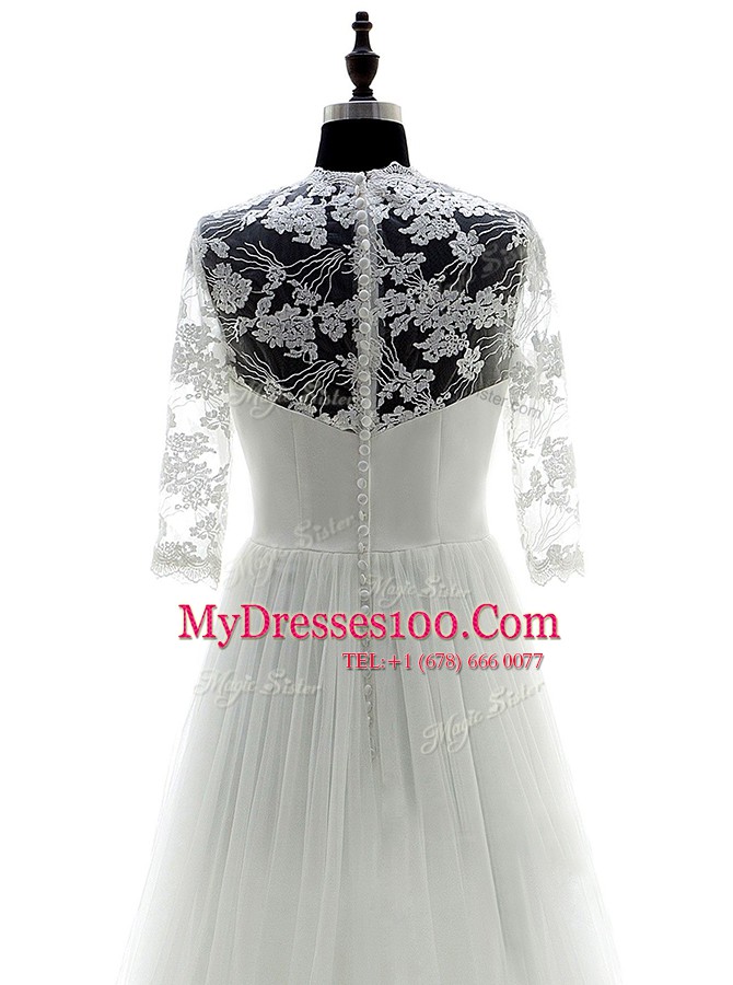 Shining Sweetheart 3 4 Length Sleeve Brush Train Zipper Wedding Gowns White Tulle