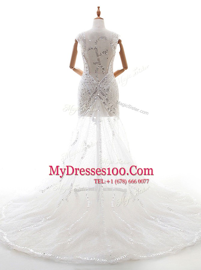 Tulle Sleeveless With Train Wedding Dresses Court Train and Beading and Sequins