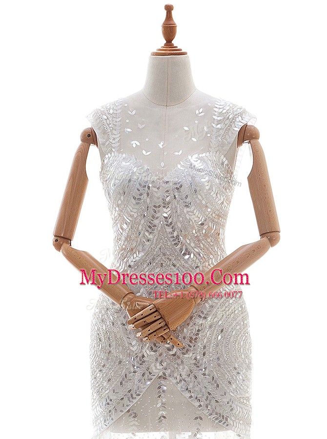 Tulle Sleeveless With Train Wedding Dresses Court Train and Beading and Sequins