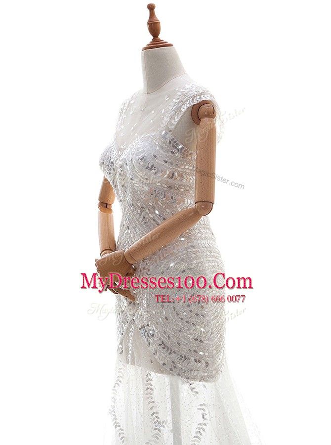 Tulle Sleeveless With Train Wedding Dresses Court Train and Beading and Sequins