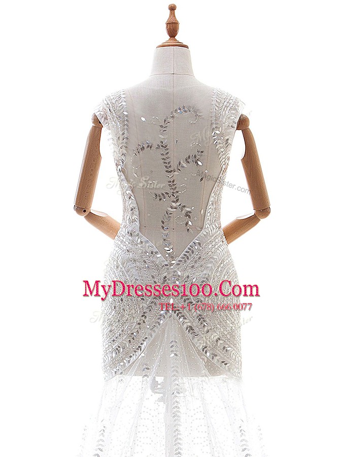 Tulle Sleeveless With Train Wedding Dresses Court Train and Beading and Sequins