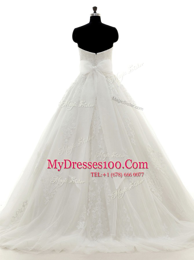 Classical White Sleeveless Brush Train Beading and Lace and Appliques With Train Wedding Dress