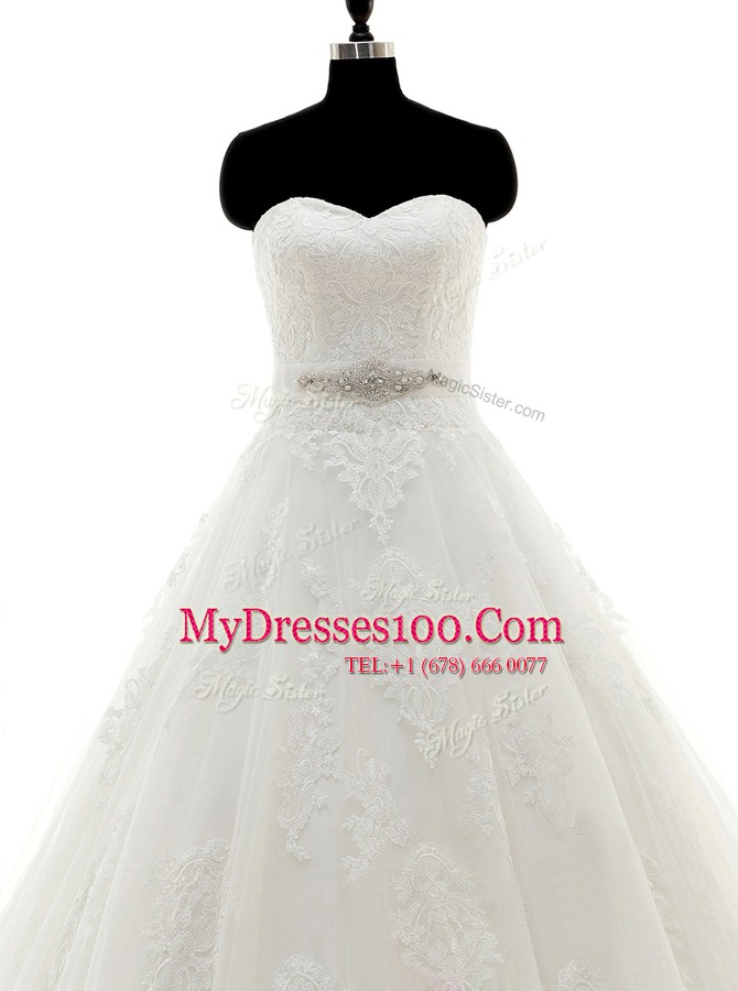 Classical White Sleeveless Brush Train Beading and Lace and Appliques With Train Wedding Dress