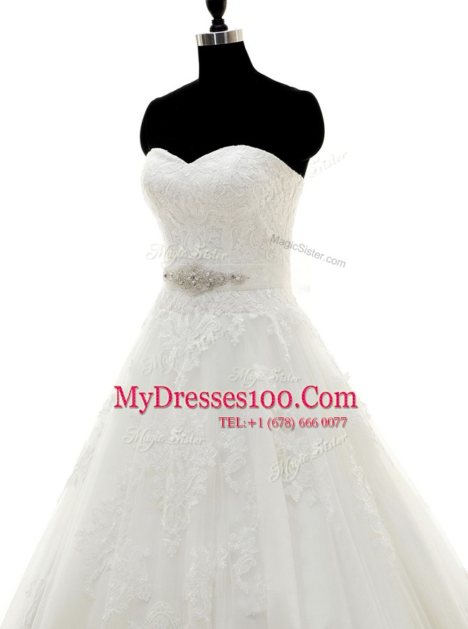 Classical White Sleeveless Brush Train Beading and Lace and Appliques With Train Wedding Dress