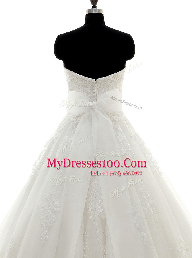 Classical White Sleeveless Brush Train Beading and Lace and Appliques With Train Wedding Dress