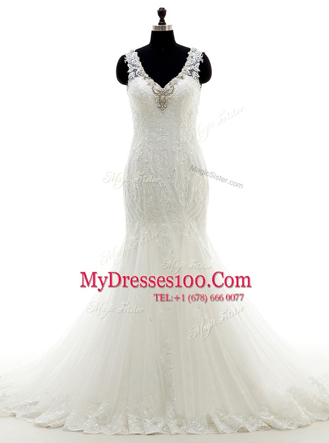 Admirable Mermaid Lace V-neck Sleeveless Clasp Handle Wedding Gown White Tulle