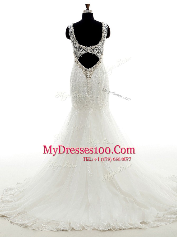 Admirable Mermaid Lace V-neck Sleeveless Clasp Handle Wedding Gown White Tulle