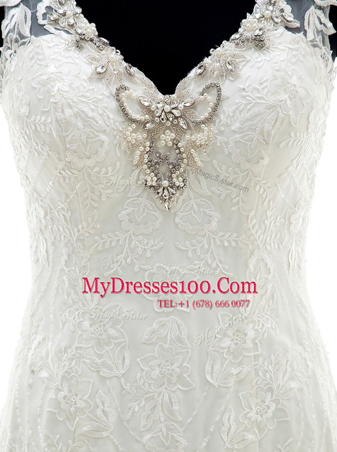 Admirable Mermaid Lace V-neck Sleeveless Clasp Handle Wedding Gown White Tulle