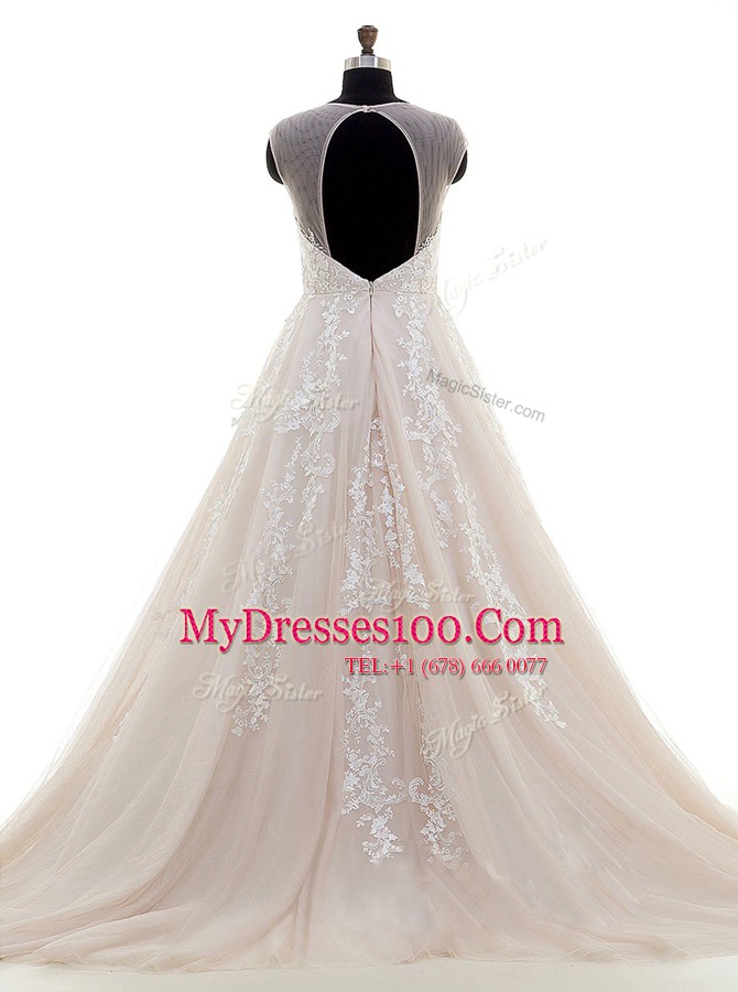 Artistic Peach A-line Scoop Cap Sleeves Tulle With Brush Train Zipper Lace and Appliques Wedding Dresses