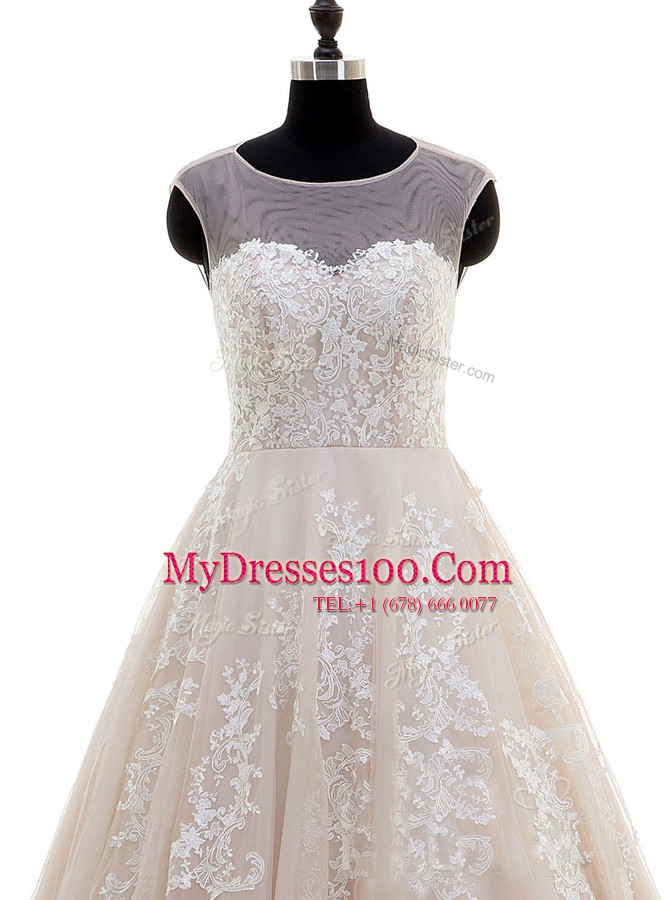 Artistic Peach A-line Scoop Cap Sleeves Tulle With Brush Train Zipper Lace and Appliques Wedding Dresses