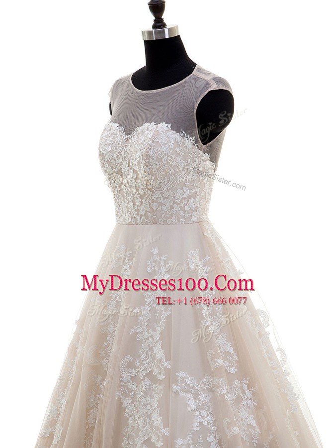 Artistic Peach A-line Scoop Cap Sleeves Tulle With Brush Train Zipper Lace and Appliques Wedding Dresses