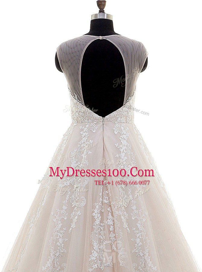 Artistic Peach A-line Scoop Cap Sleeves Tulle With Brush Train Zipper Lace and Appliques Wedding Dresses