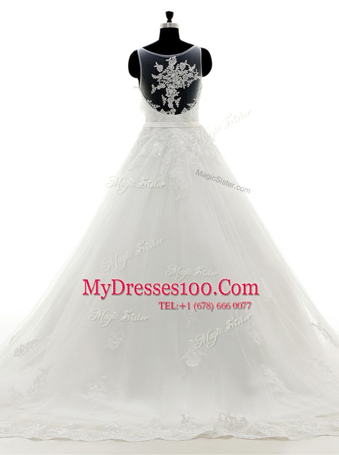 Customized White Tulle Side Zipper Bridal Gown Sleeveless With Brush Train Lace and Appliques and Hand Made Flower