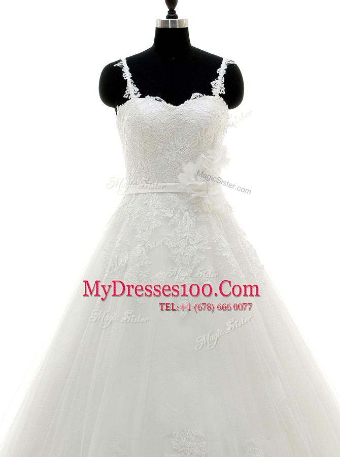Customized White Tulle Side Zipper Bridal Gown Sleeveless With Brush Train Lace and Appliques and Hand Made Flower