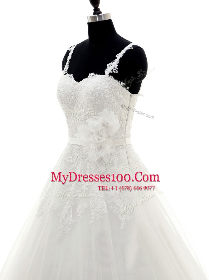 Customized White Tulle Side Zipper Bridal Gown Sleeveless With Brush Train Lace and Appliques and Hand Made Flower