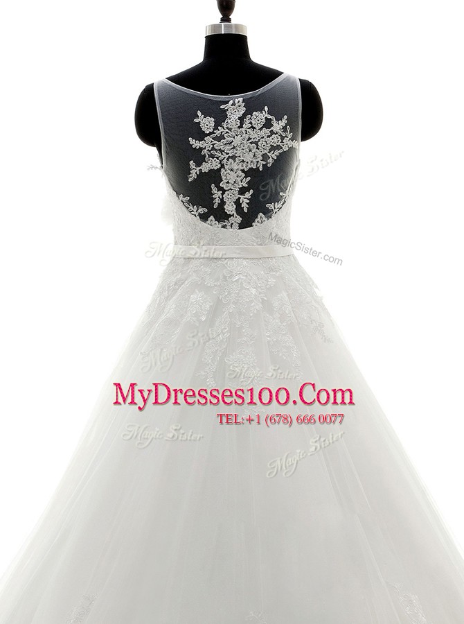 Customized White Tulle Side Zipper Bridal Gown Sleeveless With Brush Train Lace and Appliques and Hand Made Flower