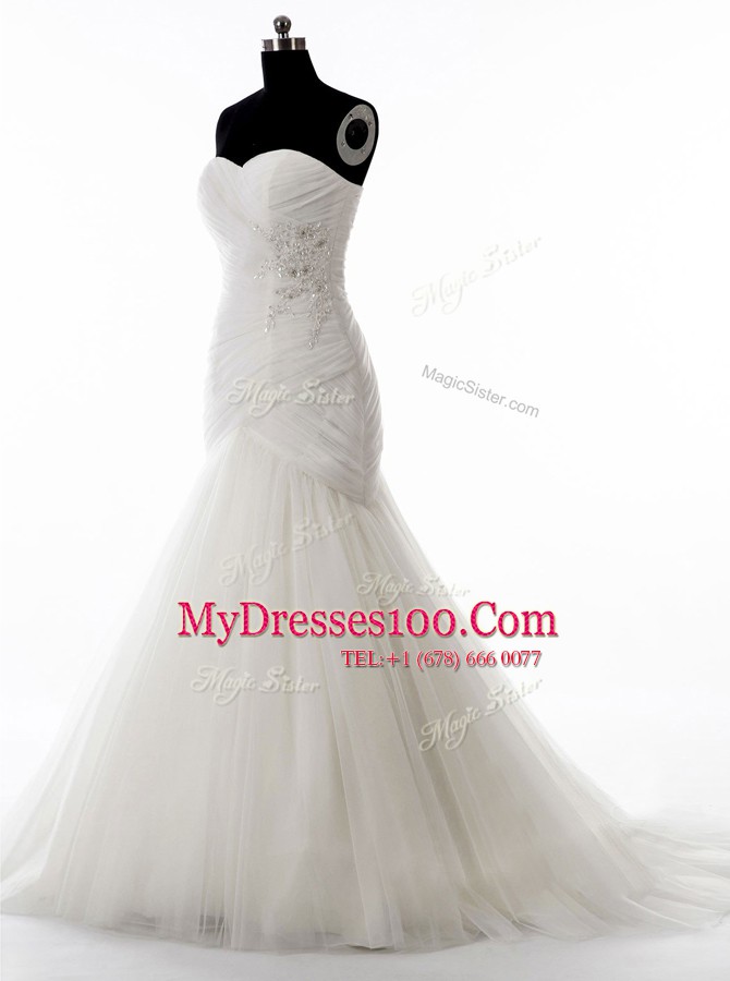 Mermaid Sleeveless Tulle With Brush Train Zipper Bridal Gown in White with Beading