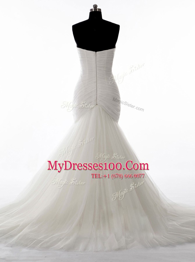 Mermaid Sleeveless Tulle With Brush Train Zipper Bridal Gown in White with Beading