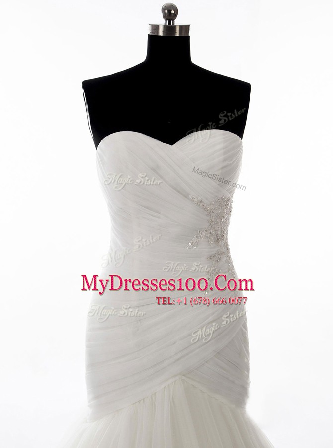 Mermaid Sleeveless Tulle With Brush Train Zipper Bridal Gown in White with Beading