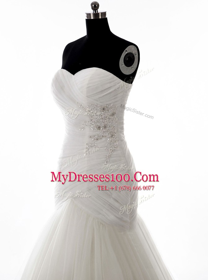 Mermaid Sleeveless Tulle With Brush Train Zipper Bridal Gown in White with Beading