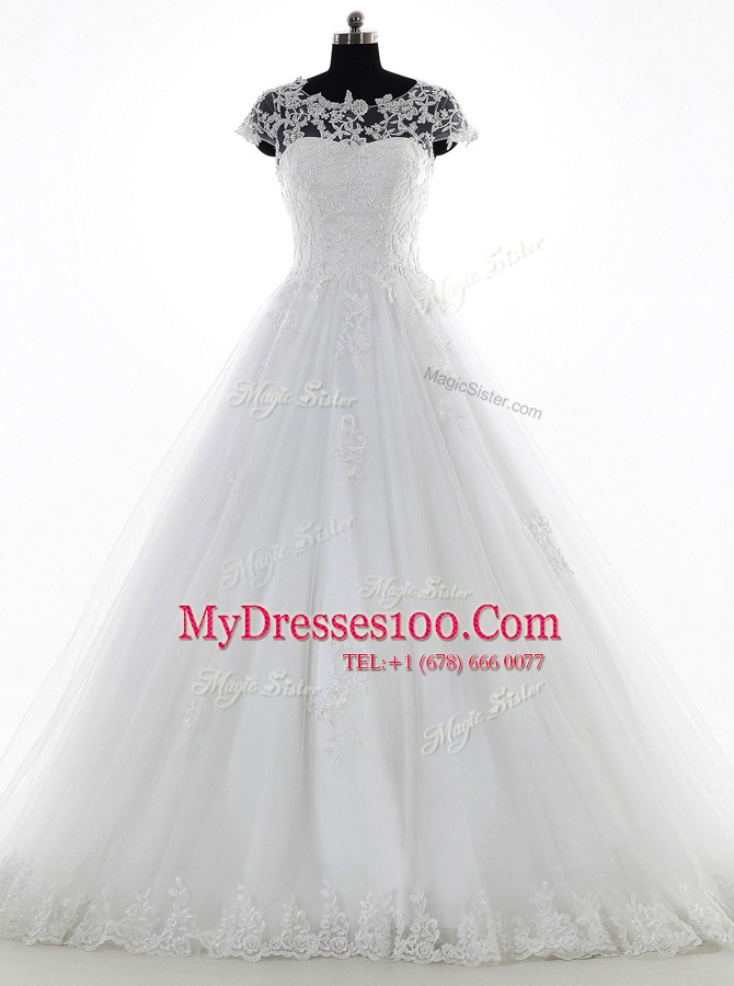 Scoop With Train White Wedding Gowns Tulle and Lace Brush Train Short Sleeves Lace and Appliques