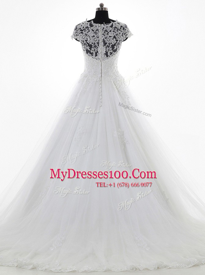 Scoop With Train White Wedding Gowns Tulle and Lace Brush Train Short Sleeves Lace and Appliques