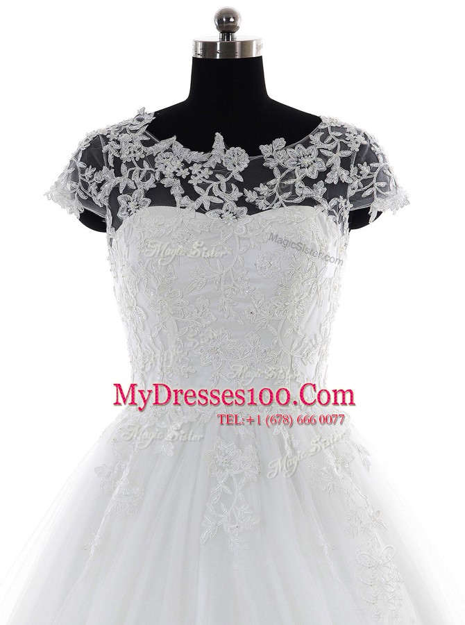 Scoop With Train White Wedding Gowns Tulle and Lace Brush Train Short Sleeves Lace and Appliques