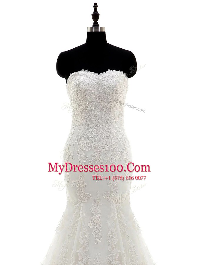 Latest Mermaid Lace White Sleeveless Sweep Train Appliques and Sashes ribbons With Train Wedding Gowns