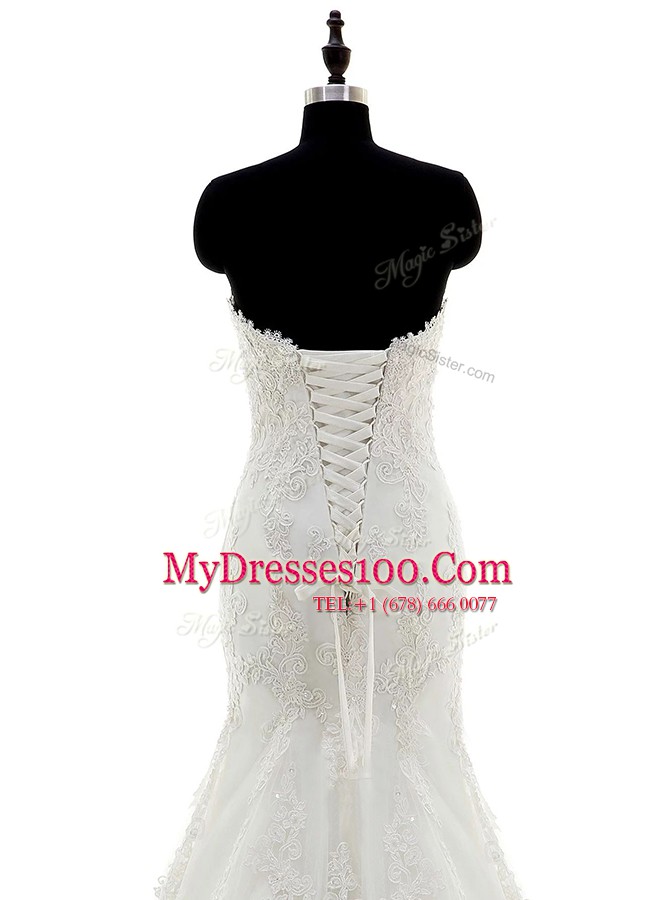 Latest Mermaid Lace White Sleeveless Sweep Train Appliques and Sashes ribbons With Train Wedding Gowns
