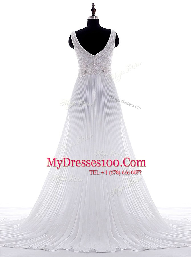 Graceful V-neck Sleeveless Brush Train Zipper Wedding Dresses White Chiffon