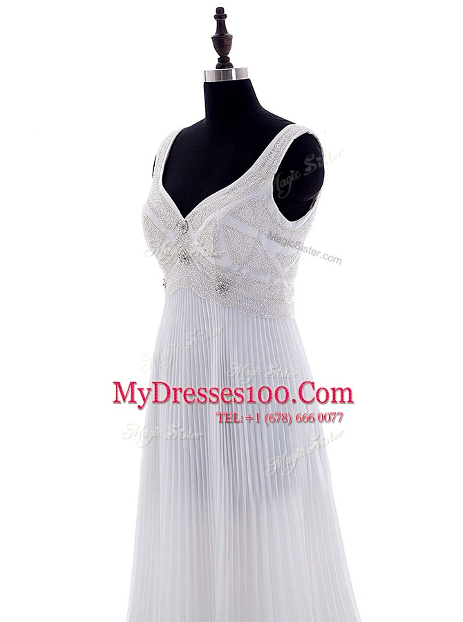 Graceful V-neck Sleeveless Brush Train Zipper Wedding Dresses White Chiffon