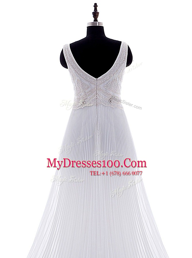 Graceful V-neck Sleeveless Brush Train Zipper Wedding Dresses White Chiffon