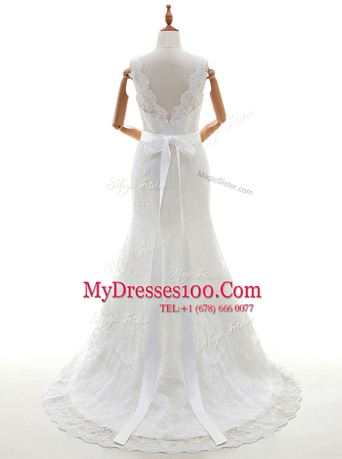 V-neck Sleeveless Lace Wedding Dresses Lace and Bowknot Brush Train Backless
