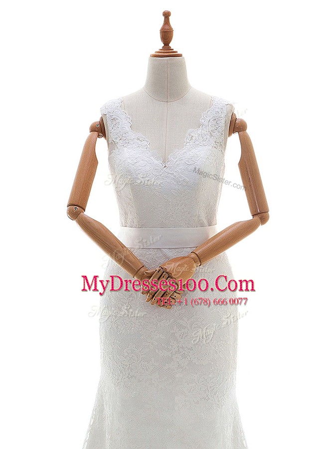 V-neck Sleeveless Lace Wedding Dresses Lace and Bowknot Brush Train Backless