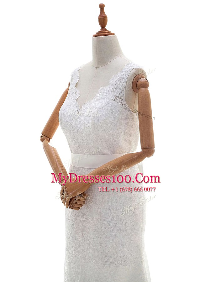 V-neck Sleeveless Lace Wedding Dresses Lace and Bowknot Brush Train Backless