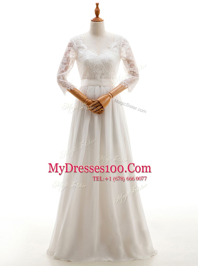 Custom Design White Empire Chiffon V-neck 3 4 Length Sleeve Lace Floor Length Lace Up Wedding Dresses