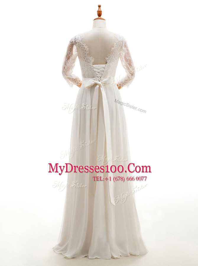 Custom Design White Empire Chiffon V-neck 3 4 Length Sleeve Lace Floor Length Lace Up Wedding Dresses