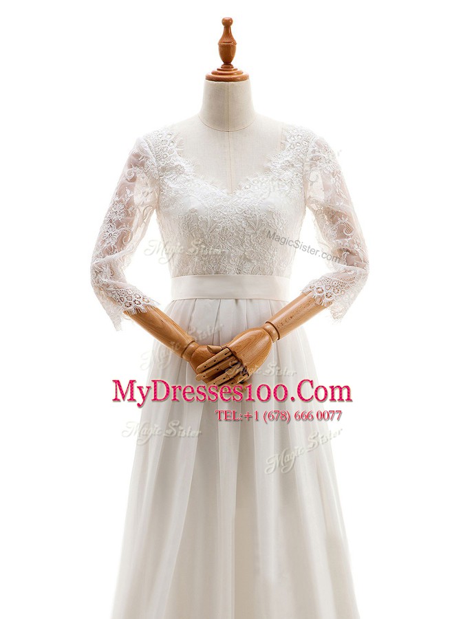Custom Design White Empire Chiffon V-neck 3 4 Length Sleeve Lace Floor Length Lace Up Wedding Dresses