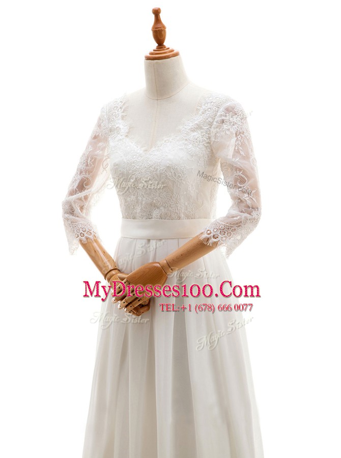 Custom Design White Empire Chiffon V-neck 3 4 Length Sleeve Lace Floor Length Lace Up Wedding Dresses