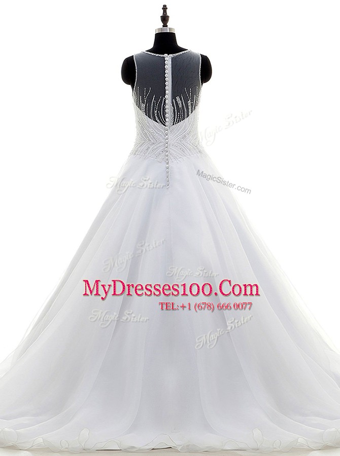 Enchanting White A-line Scoop Sleeveless Organza With Train Sweep Train Zipper Beading Wedding Dress