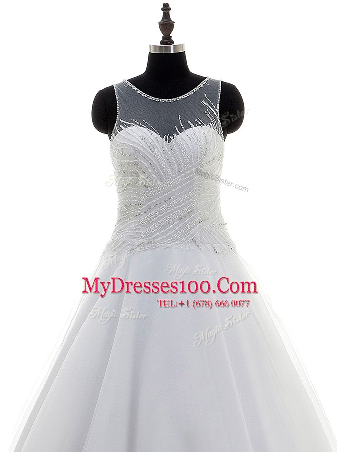 Enchanting White A-line Scoop Sleeveless Organza With Train Sweep Train Zipper Beading Wedding Dress