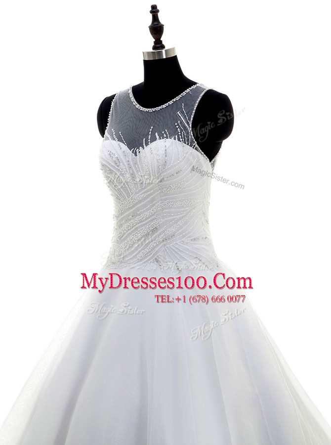 Enchanting White A-line Scoop Sleeveless Organza With Train Sweep Train Zipper Beading Wedding Dress