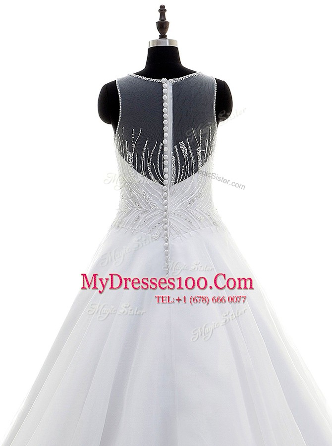 Enchanting White A-line Scoop Sleeveless Organza With Train Sweep Train Zipper Beading Wedding Dress