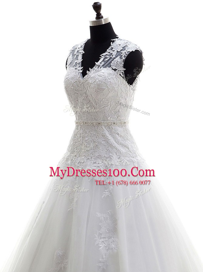 V-neck Sleeveless Tulle Wedding Gowns Appliques Backless